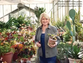  ?? ?? Martha Stewart in the garden chore jacket, convertibl­e overalls and peony long sleeve T-shirt.