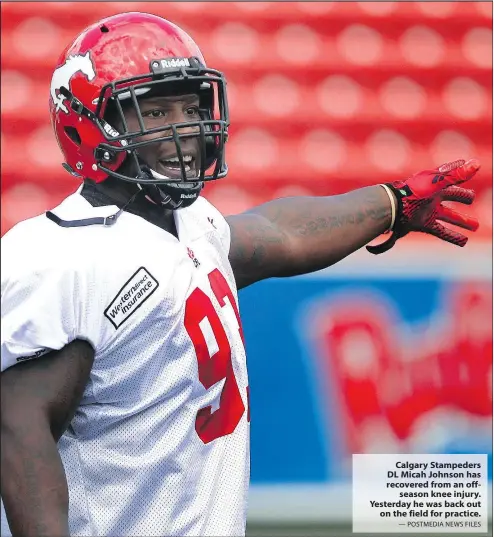  ?? — POSTMEDIA NEWS FILES ?? Calgary Stampeders DL Micah Johnson has recovered from an offseason knee injury. Yesterday he was back out on the field for practice.