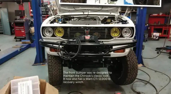  ??  ?? The front bumper was re-designed to maintain the Chinook’s classic look. It now also has a Warn CTI 12,000 lb recovery winch.