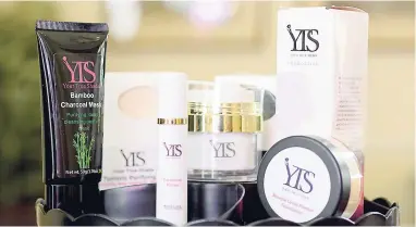  ??  ?? A range of True Shade products that include the Bamboo Charcoal Peel Off mask, turmeric soap, translucen­t mousse, primer, foundation and loose-powder foundation.