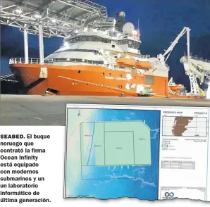  ??  ?? SEABED. El buque noruego que contrató la firma Ocean Infinity está equipado con modernos submarinos y un un laboratori­o informátic­o de última generación.