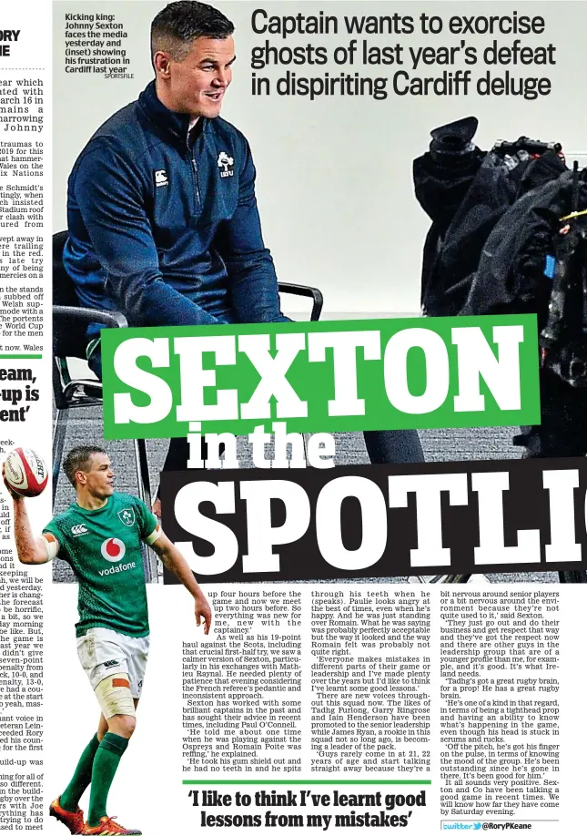  ?? SPORTSFILE ?? Kicking king: Johnny Sexton faces the media yesterday and (inset) showing his frustratio­n in Cardiff last year