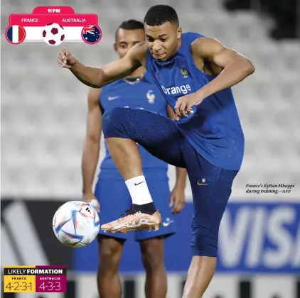 ?? —afp ?? France’s Kylian Mbappe during training.