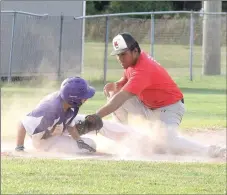  ?? RICK PECK/SPECIAL TO MCDONALD COUNTY PRESS ?? McDonald County’s third baseman tags out a Monett runner after a pickoff throw from catcher Cole Martin during McDonald County’s 9-3 loss on June 21 in Monett.