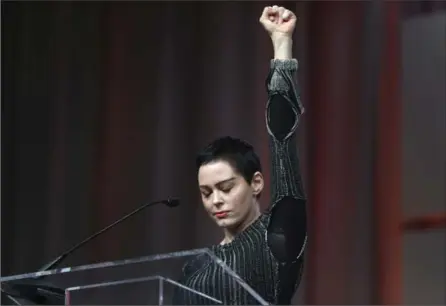  ?? PAUL SANCYA, THE ASSOCIATED PRESS ?? Actress Rose McGowan speaks at the inaugural Women’s Convention in Detroit in October. McGowan recently went public with her allegation that film company co-founder Harvey Weinstein raped her.