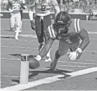  ??  ?? Ole Miss receiver A.J. Brown dives and reaches for a touchdown against Louisiana-Lafayette in Oxford last season. THOMAS GRANING/AP