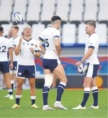  ?? ?? Darcy Graham, left, with Blair Kinghorn and Finn Russell at the captain's run in Marseille. Above left, Zander Fagerson is back to strengthen the pack