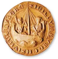  ??  ?? Ruling the waves A ship depicted in a Lübeck seal. The Hansa formed a convoy system to defend their trade routes from pirates