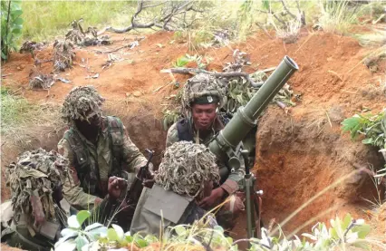  ?? Picture by ZNA. ?? Supporting troops mounting an 81mm mortar tube during a field training exercise recently at All Arms Battle School in Nyanga. —