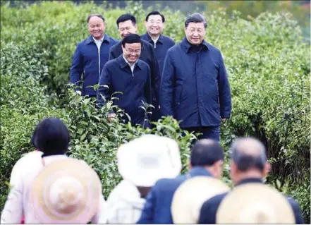  ?? YAN YAN / XINHUA ?? President Xi Jinping inspects poverty alleviatio­n work in a tea farm in Laoxian township, Pingli county of Northwest China’s Shaanxi province on April 21, 2020.