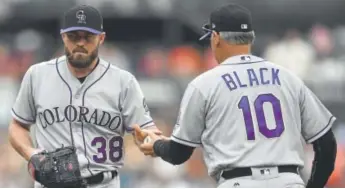  ??  ?? Rockies manager Bud Black, right, takes the ball from pitcher Mike Dunn in the seventh inning Wednesday in San Francisco.