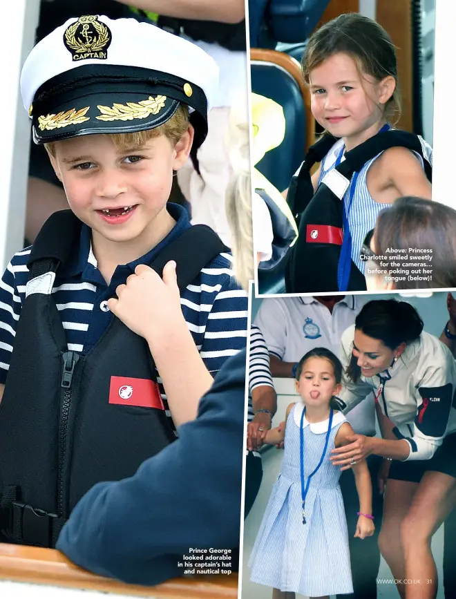  ??  ?? Prince George looked adorable in his captain’s hat and nautical top Above: Princess Charlotte smiled sweetly for the cameras… before poking out her tongue (below)!