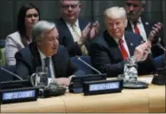  ?? EVAN VUCCI — THE ASSOCIATED PRESS ?? President Donald Trump listens as United Nations Secretary General Antonio Guterres speaks Monday at the United Nations General Assembly at U.N. Headquarte­rs.