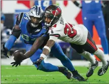  ?? MARK LOMOGLIO — THE ASSOCIATED PRESS ?? Tampa Bay Buccaneers cornerback Carlton Davis III breaks up a pass intended for Carolina Panthers tight end Stephen Sullivan in 2023.