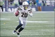  ?? Luis Sinco Los Angeles Times ?? DESMOND KING returns an intercepti­on for a touchdown, a rare feat by the Chargers defense.