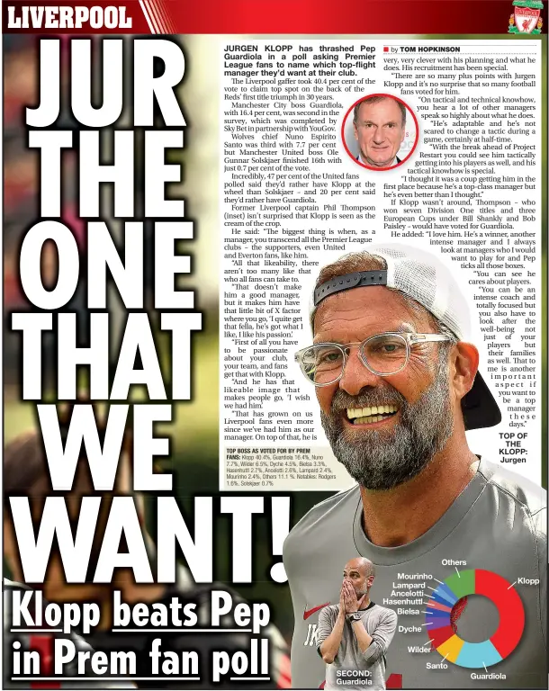  ??  ?? SECOND: Guardiola
Mourinho Lampard Ancelotti Hasenhuttl Bielsa
Others
TOP OF THE KLOPP: Jurgen
Guardiola
Klopp