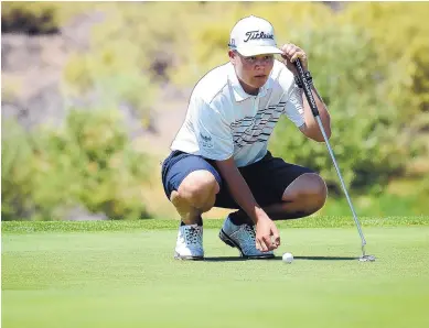 ?? MARLA BROSE/JOURNAL ?? Patrick McCarthy lines up a putt during the final round of the U.S. Amateur Qualifier at the UNM Championsh­ip Golf Course on Tuesday. He was one of two players in the even to qualify for the U.S. Amateur Championsh­ip to be played Aug. 13-19.