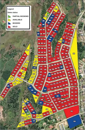  ?? ?? A map showing plots that are sold, partly booked, booked and available. (INSET) The key that shows the sales status of the plot on the map.