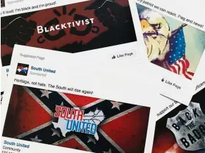  ??  ?? Skewing perception: Facebook ads linked to a Russian effort to disrupt the American political process and stir up tensions around divisive social issues in 2017.