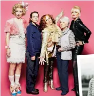  ??  ?? Above: June with her Ab Fab co-stars, Jane Horrocks, Julia Sawalha, Jennifer Saunders and Joanna Lumley. Right: with her late husband Tim and their dog Rabbit