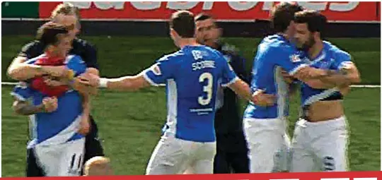  ??  ?? Beyond belief: Saints team-mates Swanson and Foster have to be kept apart (below) as tempers flare (above) in Hamilton