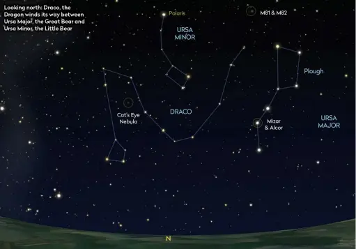  ??  ?? Looking north: Draco, the Dragon winds its way between Ursa Major, the Great Bear and Ursa Minor, the Little Bear