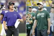  ?? FILE — THE ASSOCIATED PRESS ?? At left, in an file photo, Baltimore Ravens head coach John Harbaugh talks to his team during the first half of an NFL football preseason game against the Jacksonvil­le Jaguars in Baltimore. At right, also in an file photo, Green Bay Packers quarterbac­k Aaron Rodgers blows bubbles with his gum before the start of an NFL preseason football game against the Houston Texans in Green Bay, Wis. The Ravens will see a little bit of Aaron Rodgers on Thursday night, Aug. 15 in their preseason game.