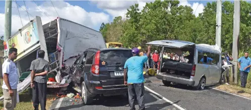  ?? Photo: Waisea Nasokia ?? The scene where the three-vechicle smash up took place at Nabou in Nadroga.