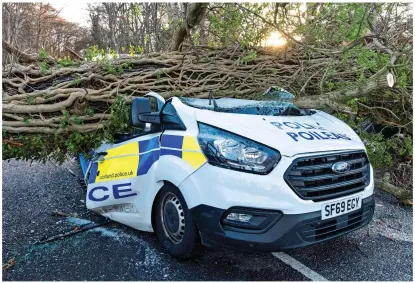  ?? ?? LUCKY: This police van was crushed after officers left it to attend the death of a man hit by a tree in Aberdeensh­ire