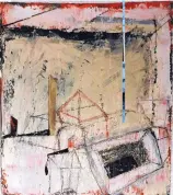  ??  ?? “Hoarded Spaces FT #6,” by Molly Geissman, a richly painted rendering that includes a pyramid atop a cube that may be reaching back toward buried pharaohs or contempora­ry falsehoods.