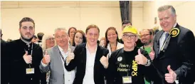  ??  ?? SNP survival George with Mhairi and SNP supporters at the count in the Lagoon on Thursday night