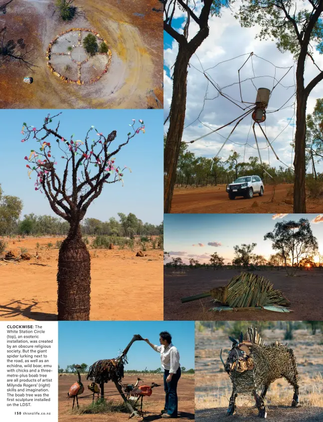  ??  ?? CLOCKWISE: The White Station Circle (top), an esoteric installati­on, was created by an obscure religious society. But the giant spider lurking next to the road, as well as an echidna, wild boar, emu with chicks and a threemetre- plus boab tree are all products of artist Milynda Rogers’ (right) skills and imaginatio­n. The boab tree was the first sculpture installed on the LDST.