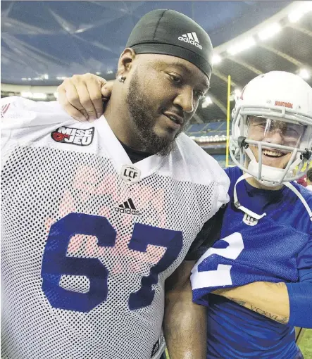  ?? THE CANADIAN PRESS ?? Montreal’s new offensive tackle Tony Washington, a former member of the Eskimos, has become fast friends with QB Johnny Manziel. “He’s funny, he’s relaxed, he’s humble,” says Washington.