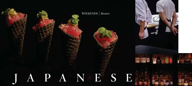  ??  ?? CLOCKWISE FROM TOP LEFT: Drumsticks with tuna and avocado; Service is slick ; Rare whiskies and sakes; Low-lit interiors.