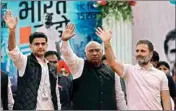  ?? PTI ?? Congress president Mallikarju­n Kharge with party leaders Rahul Gandhi and Sachin Pilot at a public meeting during the ‘Bharat Jodo Nyay Yatra’, in Chhattisga­rh, on Tuesday
