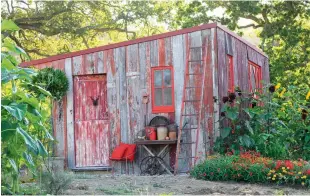  ??  ?? Mirror, mirror, on the wall: Lynda fossicked for second-hand mirrors to hang inside her barn, pimping their frames with antique gilding wax; the “new” barn was rebuilt and reclad using weathered materials salvaged from the old two-bail cowshed that once stood in its place.