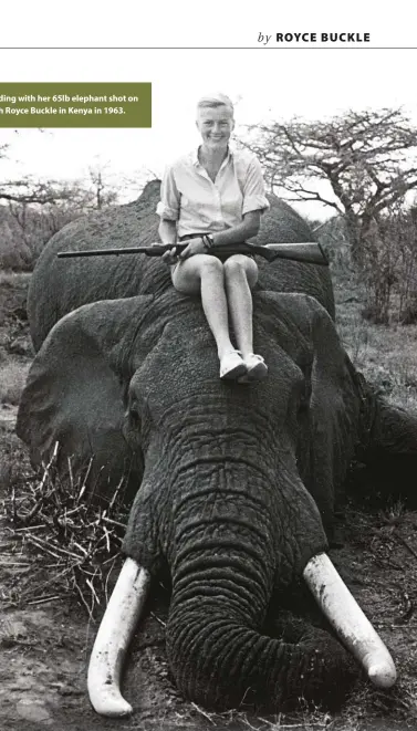  ??  ?? Jone Codding with her 65lb elephant shot on safari with Royce Buckle in Kenya in 1963. Magnum’s editors are aware it is no longer considered proper to show hunters sitting on dead animals. However, this was not a considerat­ion 40 or more years ago, as is manifest in most books on African hunting, and editors publishing stories dating back to those times must sometimes print such photos or fail to capture the essential atmosphere of the occasion.