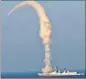  ??  ?? BrahMos missile launched from the INS Kolkata off the coast of Goa on Saturday. PTI