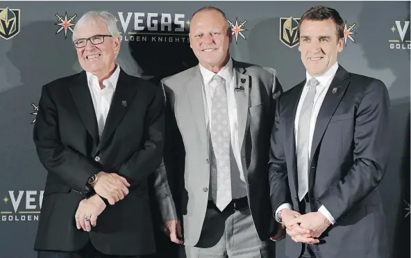  ?? — THE ASSOCIATED PRESS FILES ?? From left, owner Bill Foley, coach Gerard Gallant and general manager George McPhee and their Las Vegas Golden Knights have until Wednesday to put together a roster from a list of players made available in the NHL expansion draft.