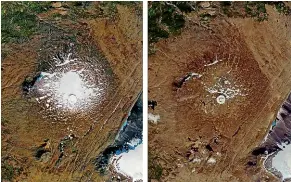  ?? AP ?? This combinatio­n of September 14, 1986, left, and August 1, 2019 photos provided by Nasa shows the shrinking of the Okjokull glacier on the Ok volcano in west-central Iceland.