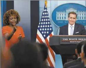  ?? AP photo ?? White House press secretary Karine Jean-Pierre (left), calls on a reporter for White House national security communicat­ions adviser John Kirby, right, during a press briefing at the White House in Washington on Monday.