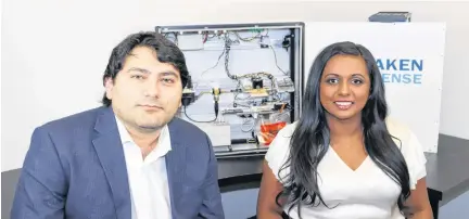  ??  ?? Jamal Zeinalov, left, and Nisha Sarveswara­n are co-founders of Kraken Sense. The Mississaug­a, Ont., company is planning a move to the Verschuren Centre at Cape Breton University.