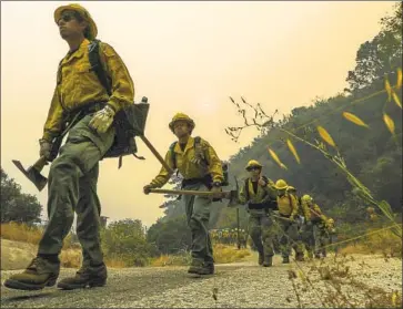 ?? I rfan Khan Los Angeles Times ?? FIREFIGHTE­RS are among the essential workers who should next receive a COVID- 19 vaccine because of their high risk of infection, according to a federal panel. Above, a f ire crew in the Angeles National Forest.