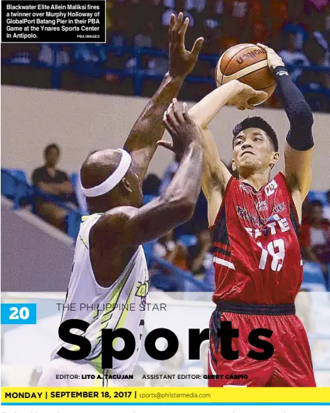  ?? PBA IMAGES ?? Blackwater Elite Allein Maliksi fires a twinner over Murphy Holloway of GlobalPort Batang Pier in their PBA Game at the Ynares Sports Center in Antipolo.