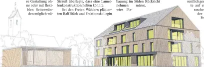  ?? GRAFIK: WWA ARCHITEKTE­N. ?? Perspektiv­ischer Blick auf die Ecküberdac­hung – ohne die zuvor überlegte Kastenform des PoP-Gebäudes daneben.