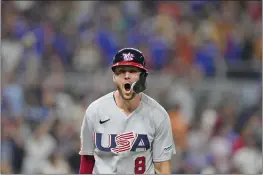  ?? WILFREDO LEE — THE ASSOCIATED PRESS ?? The United States' Trea Turner celebrates after he hit a go-ahead grand slam during the eighth inning of a World Baseball Classic quarterfin­al against Venezuela on Saturday.