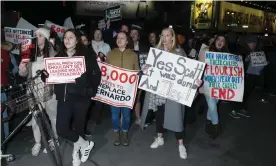  ??  ?? Protesters oppose the casting of Amar Ramasar as Bernardo outside the premiere of West Side Story at the Broadway Theatre. Photograph: Gregory Pace/Rex/Shuttersto­ck