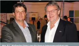  ??  ?? Mnr. R.C. Malherbe (links) van die Angus-telersgeno­otskap van Suid-Afrika en dr. Niel van Zyl van Alfa op die 2018-Alfa-galadinee nadat die Angusse vanjaar die vleisuitda­ging gewen het.