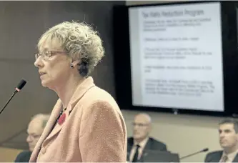  ?? JASON BAIN/EXAMINER ?? Sandra Clancy, the city's director of corporate services Sandra Clanc, speaks to city councillor­s about the proposed 2018 city budget during a budget committee meeting at City Hall on Monday night. Staff are recommendi­ng a 2.85 per cent all-inclusive...