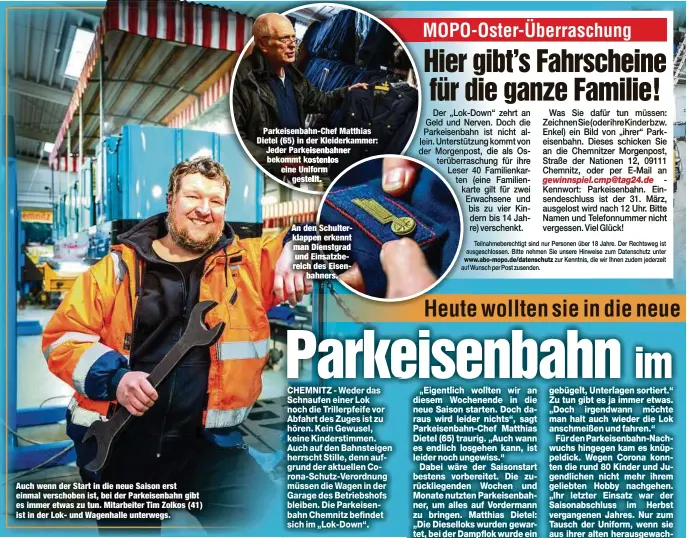  ??  ?? Auch wenn der Start in die neue Saison erst einmal verschoben ist, bei der Parkeisenb­ahn gibt es immer etwas zu tun. Mitarbeite­r Tim Zolkos (41) ist in der Lok- und Wagenhalle unterwegs.
Parkeisenb­ahn-Chef Matthias Dietel (65) in der Kleiderkam­mer: Jeder Parke bekommt k eine Un
gest
An den Schulterkl­appen erkennt man Dienstgrad und Einsatzber­eich des Eisenbahne­rs.